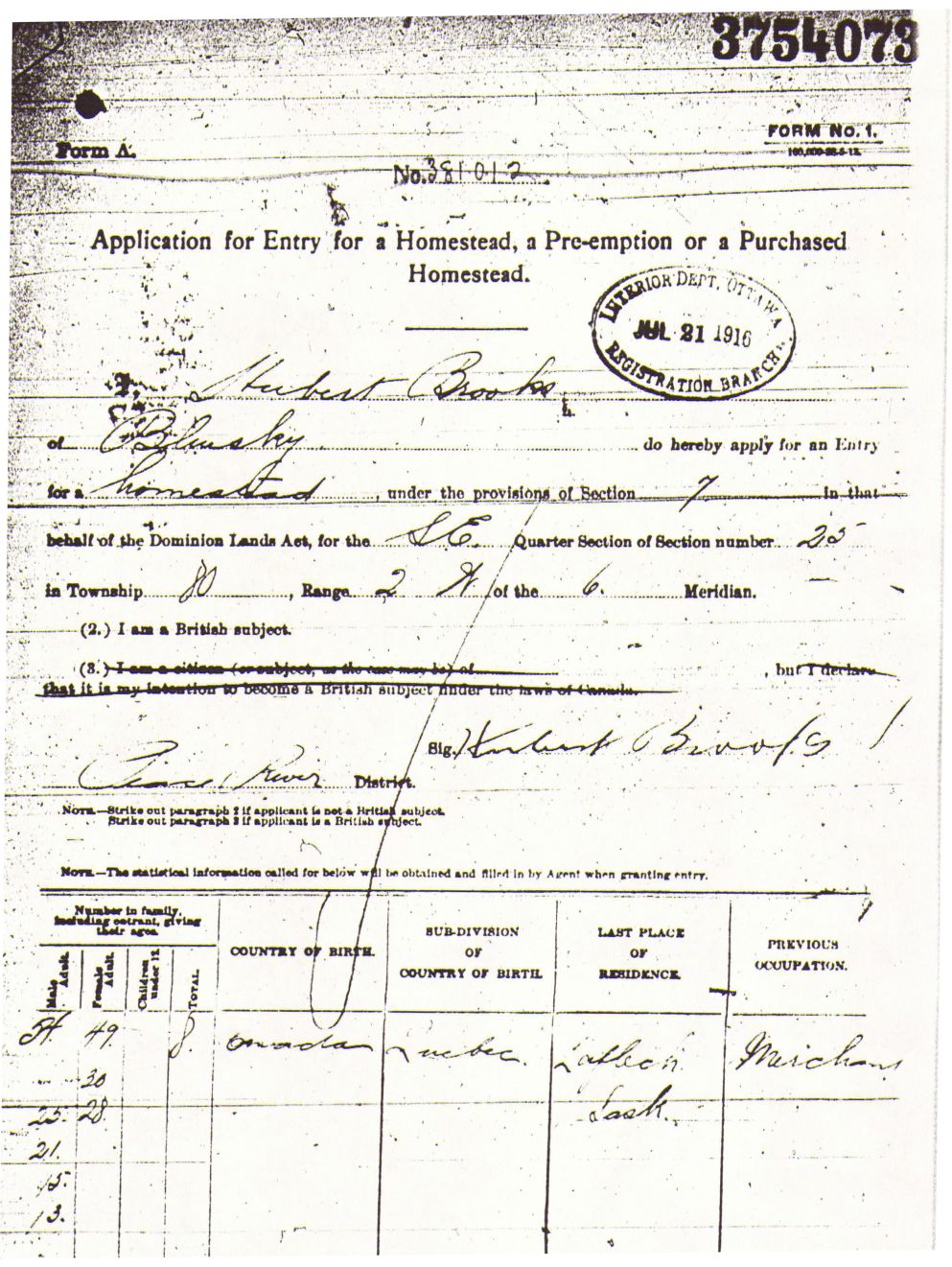 Provincial Archives of Alberta File 3754073 - Hubert Brooks -Form A